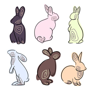 Chinese rabbit. Set with rabbit silhouettes.