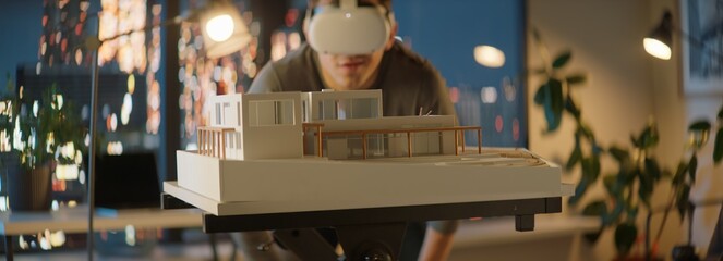 Portait of Caucasian male architect or student using a virtual reality VR headset to work on a house project late at night, preparing for presentation with a client