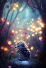 Obraz premium Beautiful fantasy hedgehog in sparkling forest enviroment. Digital art.