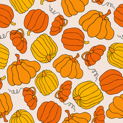 Autumn seamless pattern, square background, hand drawn pumpkins