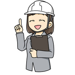 指差しする　女性　スーツ　ヘルメット　バインダー　ビジネス　ミニキャラ　イラスト