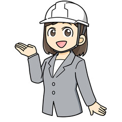 案内する　女性　スーツ　ヘルメット　ビジネス　ミニキャラ　イラスト