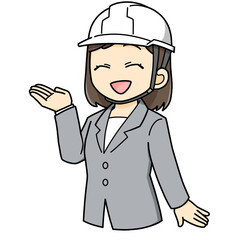 案内する　女性　スーツ　ヘルメット　ビジネス　ミニキャラ　イラスト