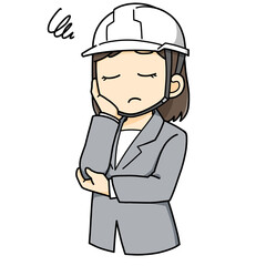 困る　悩む　女性　スーツ　ヘルメット　ビジネス　ミニキャラ　イラスト