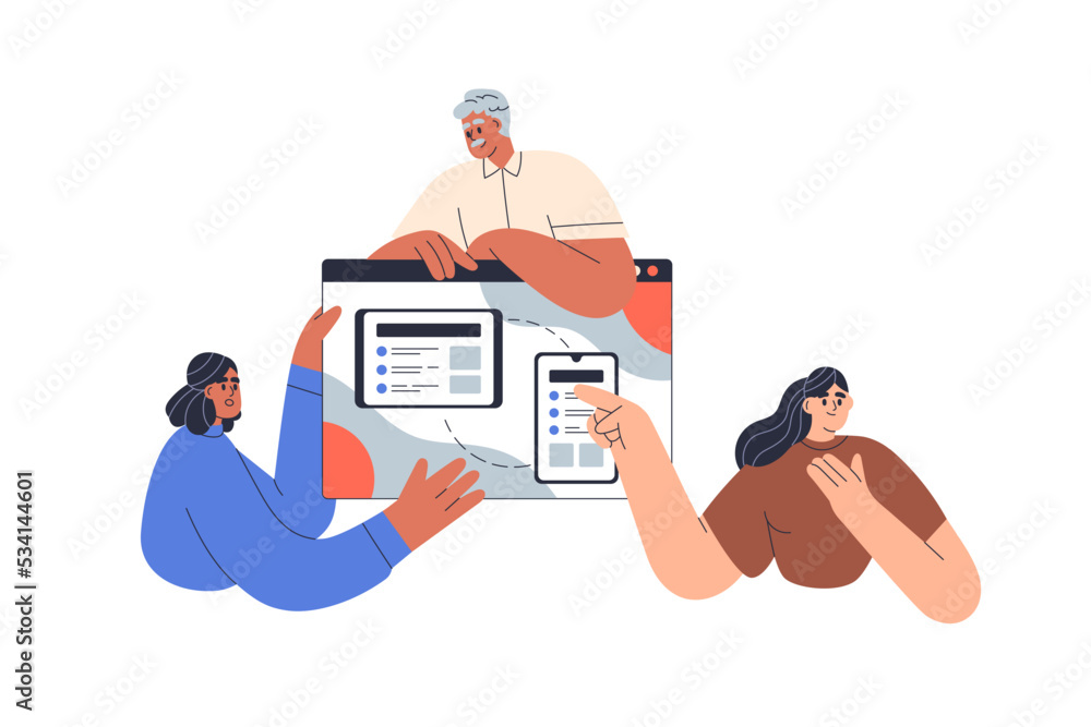 Poster Team presenting interface design, digital project. Business presentation of website, app. Designers, developers and online web product. Flat graphic vector illustration isolated on white background