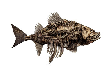 Mechanical steampunk fish. Fantastic marine monster. Digital illustration. Isolated on white background.