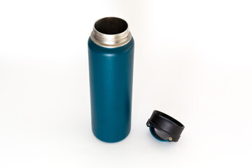 Blue thermos, isolated on white background.