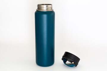 Blue thermos, isolated on white background.