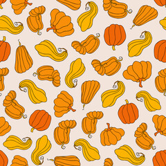 Autumn seamless pattern, square background, hand drawn pumpkins
