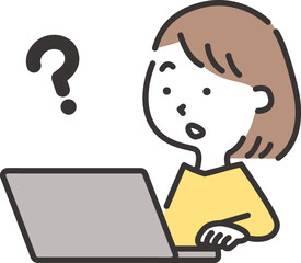 パソコンを見ながらわからないことがある女性のイラスト