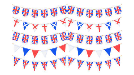 UK flag garlands set. Union Jack pennants chain collection. British party bunting decoration. Great Britain flags for celebration. Footer and banner background.