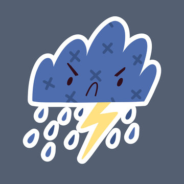 Angry And Frowning Cloud With Lightning And Rain. Cute Thunderstorm Weather Sticker With Funny Childish Character. Hand Drawn Thunderstorm With Face. Children's Illustration. Cartoon Style.