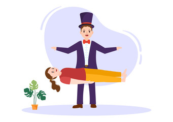 Magician Illusionist Conjuring Tricks and Waving a Magic Wand above his Mysterious Hat on a Stage in Template Hand Drawn Cartoon Flat Illustration