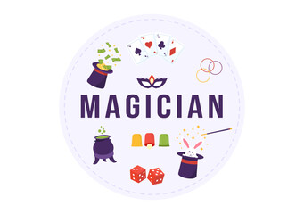Magician Illusionist Conjuring Tricks and Waving a Magic Wand above his Mysterious Hat on a Stage in Template Hand Drawn Cartoon Flat Illustration