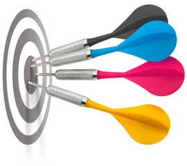 Colorful darts hitting  target center, marketing business concept, isolated
