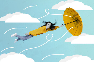 Creative poster collage of active funky lady hold hang umbrella flying windy weather soar sky...