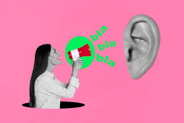 Composite collage picture image of talkative woman holding loudspeaker influence listener big ear listen news propaganda podcast reportage