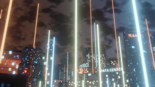 Concept of big data skyscraper skyline with futuristic flying connections, night time office buildings modern city. Internet network communication digital cloud computing neon town 3D render animation