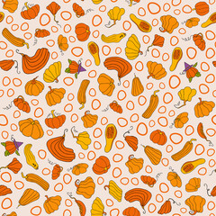 Autumn seamless pattern, square background, hand drawn pumpkins