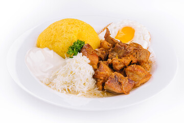 palenta with meat, goat cheese and egg