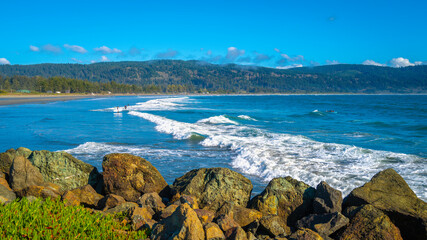 Seascape with waves rolling in on Crescent Beach near Del Norte Coast Redwood State Park in Crescent City, California © Naya Na