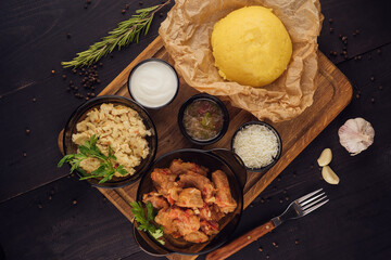 palenta with meat, goat cheese and egg