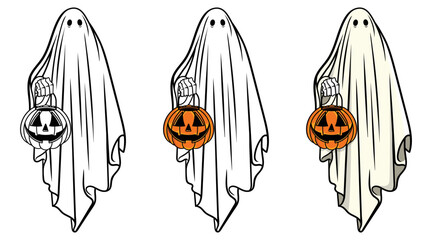 Halloween ghost with pumpkin, Cute cartoon spooky character, Happy Halloween party, Vector illustration for posters, Cartoon Halloween pumpkin, Cute ghost isolated, Vector Halloween concept,