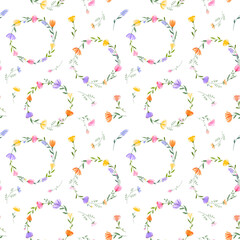 Vector floral seamless pattern. Set of leaves, wildflowers, twigs, floral arrangements. Beautiful compositions of field grass and bright spring flowers on white background.