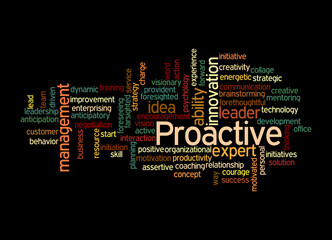 Word Cloud with PROACTIVE concept, isolated on a black background
