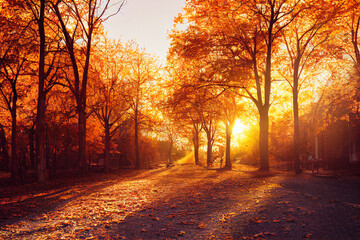 3d illustration of warm sunrays shining through the autumn forest.