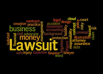 Word Cloud with LAWSUIT concept, isolated on a black background