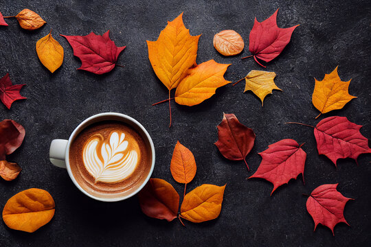 3d illustration of pumpkin spice latte on black stone background