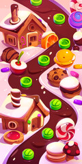 Candy land mobile game map, cartoon illustration. Magic sweet town with cookie houses, chocolate river, muffin and lollipop decorations. Open and locked level platforms. Vector gui background design