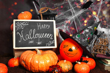 Fototapeta Happy Halloween. Orange scary pumpkins, spiders, spider webs and bats. Helloween is loading. obraz