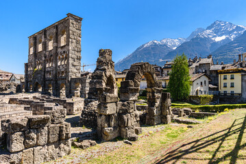 Aosta, Italy. View of the archaeological area of the ruins of the ancient Roman Theater. April 17,...