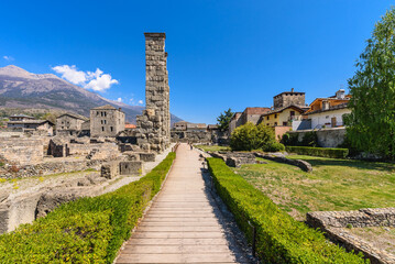 Fototapeta premium Aosta, Italy. View of the archaeological area of the ruins of the ancient Roman Theater. April 17, 2022.