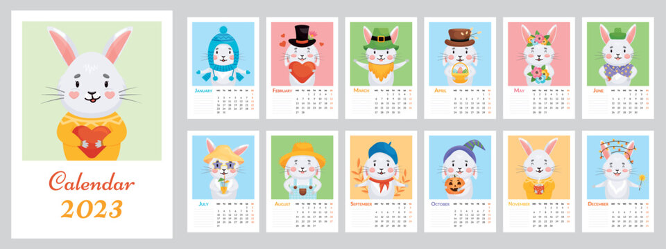 Cute Gray rabbit 2023 calendar. Cover and 12 months vector printable template A5 format. Bunny in hats mascot of the year by season.