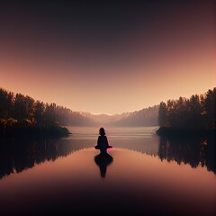 Silhouette of a woman practicing yoga (meditation) at sunset near a lake. Ai generated image