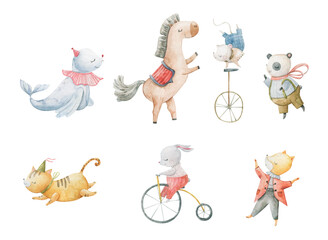 Cute circus cartoon vector illustration. Watercolor illustrations on a posters and banners for a circus shows, animal, magician, character,  juggling,  and circus motives. Childish illustration  © Ilona