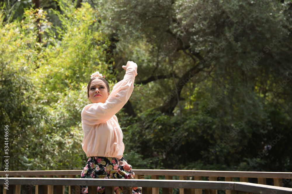 Sticker Young teenage woman in pink shirt, black skirt with flowers and pink carnations in her hair, dancing flamenco on wooden bridge. Flamenco concept, dance, art, typical Spanish dance.