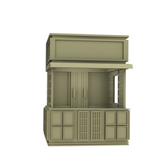 3D RENDER ILLUSTRATION. Sample idea model outdoor food drink booth kiosk. Small business street food stall market or Product exhibition fair counter concept design on isolated png blank background.