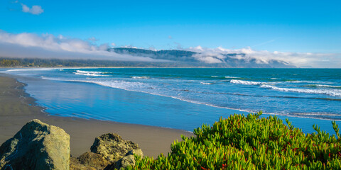 Seascape over the green beach plants and volcanic rocks with waves rolling in on Crescent Beach...