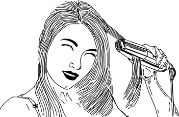 woman using hair straightener machine, ladies making her hair styles outline vector illustration