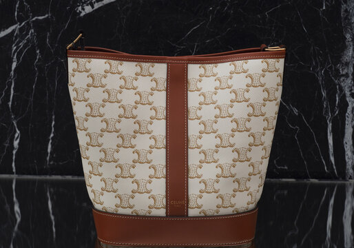 White bucket bag,fabric and leather trim by Celine Paris.Milan