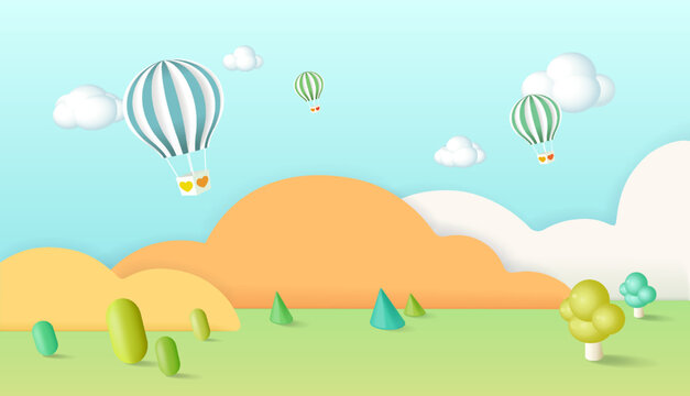 Papercut sky landscape banner with hot air balloon, clouds made in realistic paper craft art. Kid promotion for toy store discount or child care product.