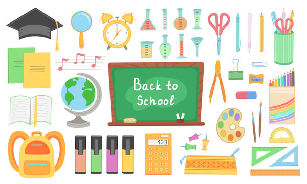 Big set of school supplies. Back to school lettering. Vector Illustration for backgrounds, covers and packaging. Image can be used for greeting card, poster and sticker. Isolated on white background.