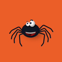 Cute Spider. Cartoon style for Halloween. Black icon and character. Design elements for halloween decorations, sketch, icon, sticker. Vector isolated on orange background