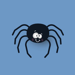 Cute Spider. Cartoon style for Halloween. Black icon and character. Design elements for halloween decorations, sketch, icon, sticker. Vector isolated on blue background
