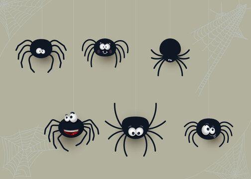 Set of cute spiders with cobwebs. Cartoon style for Halloween. Black icon and character. Collection of design elements for halloween decorations, icon, sticker. Vector isolated on violet background.