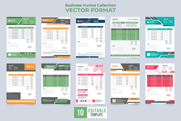 Creative business invoice bundle with green and yellow colors. Print-ready invoice template collection for corporate business. Simple invoice and billing paper set design with abstract shapes.